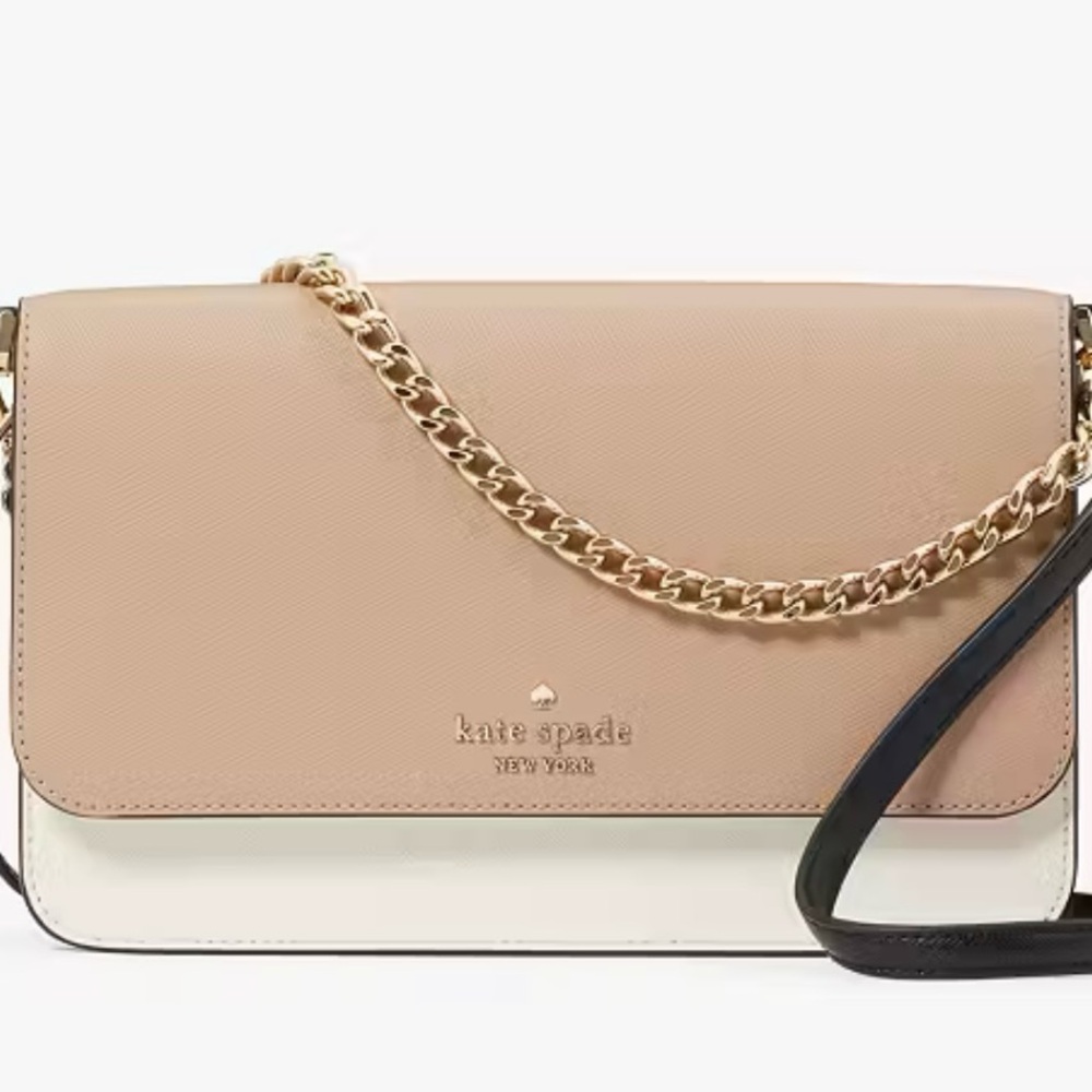 Kate Spade Tan and White Crossbody Bag with Gold Chain